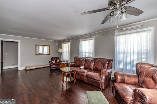 living room with dark hardwood / wood-style flooring, crown molding, ceiling fan, and plenty of natural light