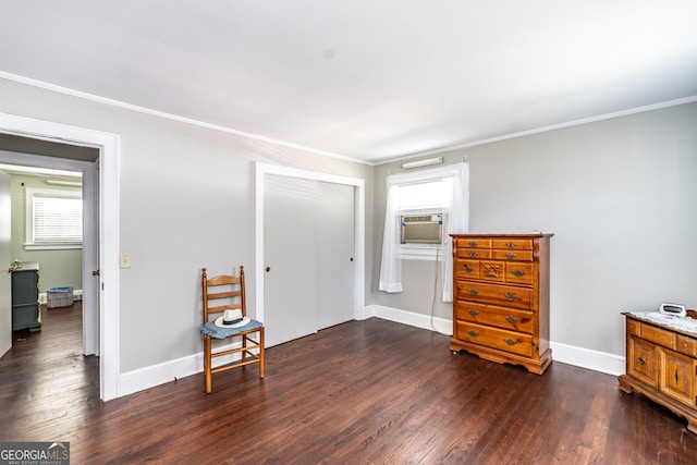 interior space with crown molding, cooling unit, and dark hardwood / wood-style floors