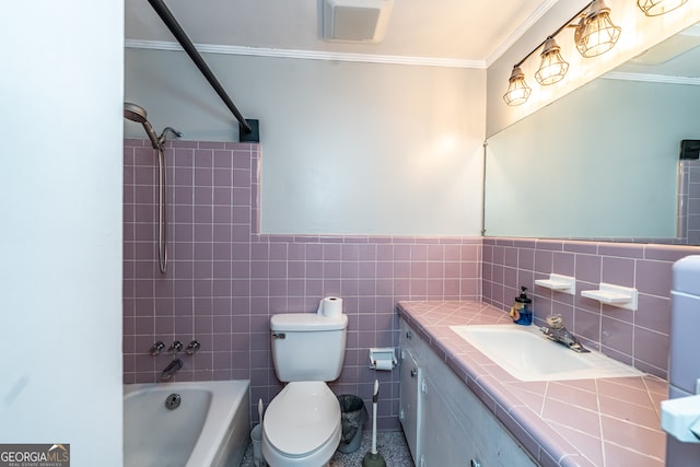 full bathroom with tile walls, vanity, shower / bathing tub combination, and toilet