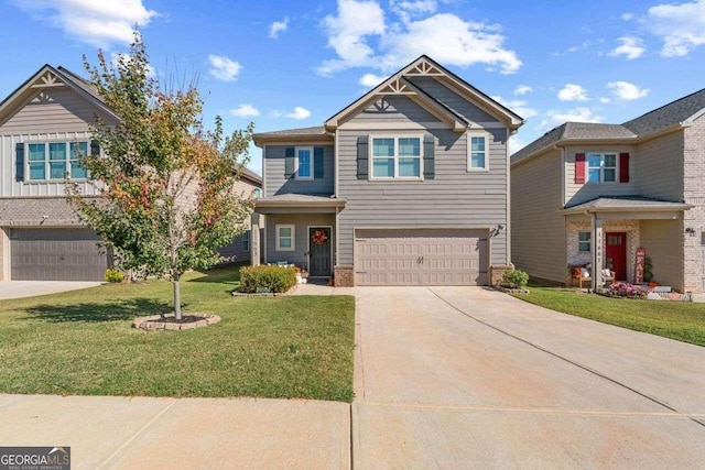 craftsman inspired home with a front yard and a garage