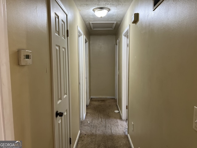 corridor with a textured ceiling and carpet flooring