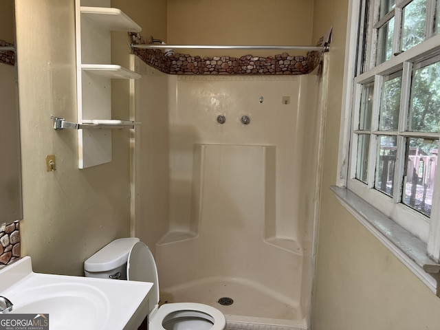 bathroom with vanity, toilet, and a shower