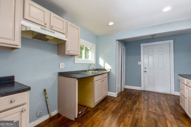 kitchen featuring white cabinets, sink, and dark wood-type flooring