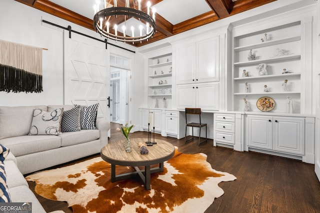222 Valley View Dr, Rockmart, GA 30153 - living area featuring a barn door, built in features, dark wood-type flooring, coffered ceiling, and built in study area