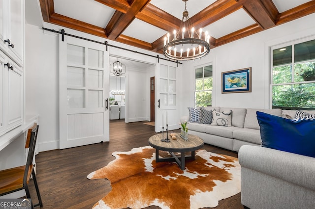 222 Valley View Dr, Rockmart, GA 30153 - living room with an inviting chandelier, a barn door, coffered ceiling, and dark wood-style floors