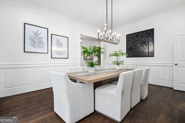222 Valley View Dr, Rockmart, GA 30153 - dining room with crown molding, dark wood-style flooring, a chandelier, and a decorative wall