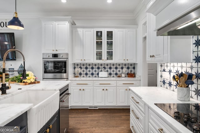 222 Valley View Dr, Rockmart, GA 30153 - kitchen with black electric cooktop, white cabinets, a sink, wall chimney exhaust hood, and stainless steel oven