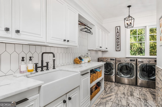 222 Valley View Dr, Rockmart, GA 30153 - clothes washing area with a sink, separate washer and dryer, cabinet space, a notable chandelier, and marble finish floor