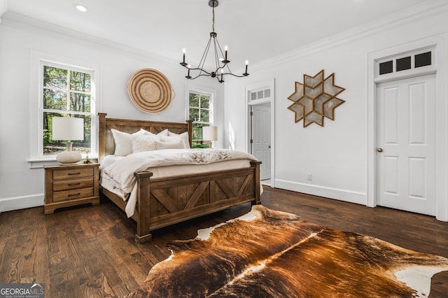 222 Valley View Dr, Rockmart, GA 30153 - bedroom with recessed lighting, an inviting chandelier, dark wood-style flooring, crown molding, and baseboards