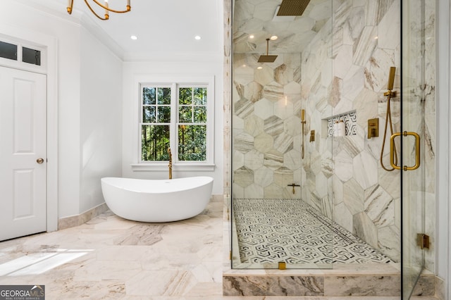 222 Valley View Dr, Rockmart, GA 30153 - full bath with a soaking tub, a shower stall, crown molding, and marble finish floor