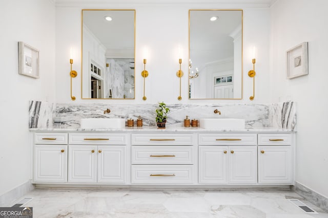 222 Valley View Dr, Rockmart, GA 30153 - full bathroom featuring recessed lighting, marble finish floor, a sink, visible vents, and crown molding