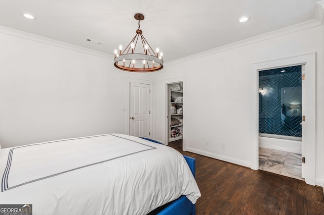 222 Valley View Dr, Rockmart, GA 30153 - bedroom featuring visible vents, recessed lighting, ornamental molding, wood finished floors, and a notable chandelier