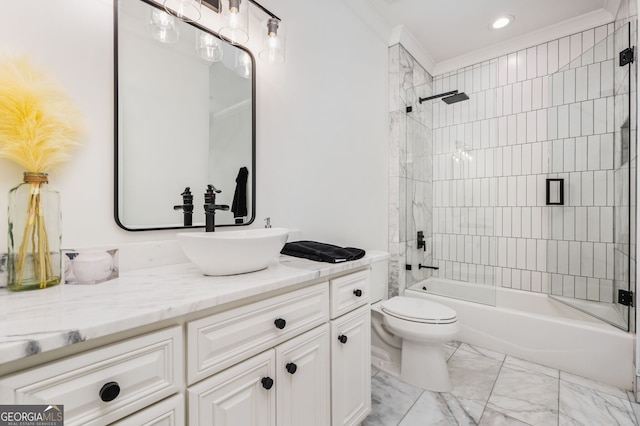 222 Valley View Dr, Rockmart, GA 30153 - bathroom featuring toilet, recessed lighting, vanity,  shower combination, and marble finish floor