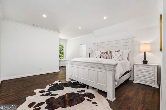 222 Valley View Dr, Rockmart, GA 30153 - bedroom featuring dark wood-style flooring, visible vents, recessed lighting, and ornamental molding