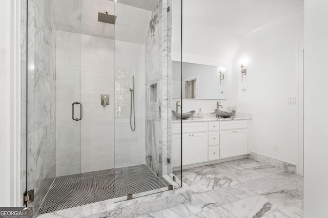 222 Valley View Dr, Rockmart, GA 30153 - bathroom with double vanity, a shower stall, marble finish floor, and a sink