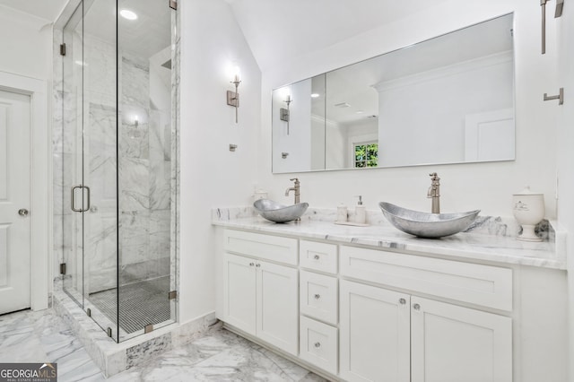 222 Valley View Dr, Rockmart, GA 30153 - full bathroom featuring double vanity, a marble finish shower, marble finish floor, and a sink