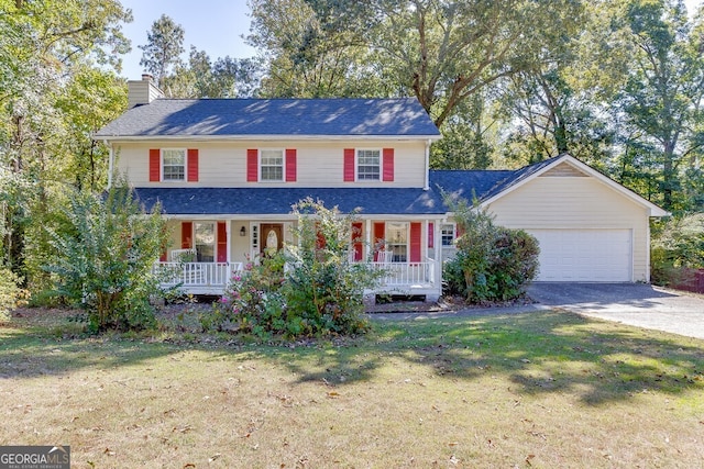 view of front of house with a front lawn, covered porch, an attached garage, and a chimney