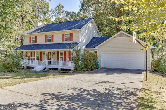 colonial house with covered porch and a garage