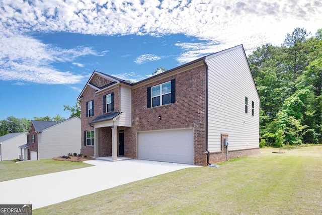 view of front of property with a garage, driveway, brick siding, and a front lawn