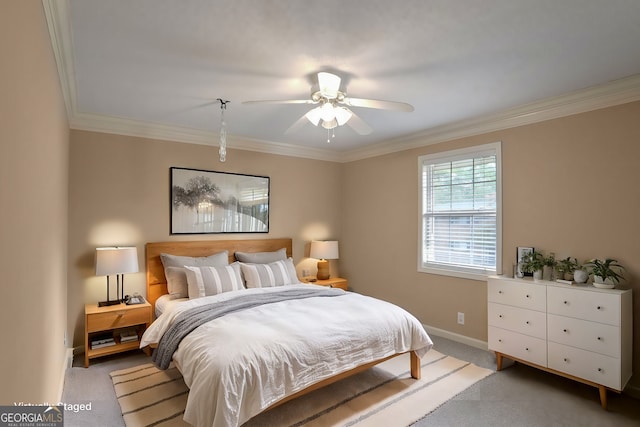 bedroom with light carpet, ceiling fan, and ornamental molding