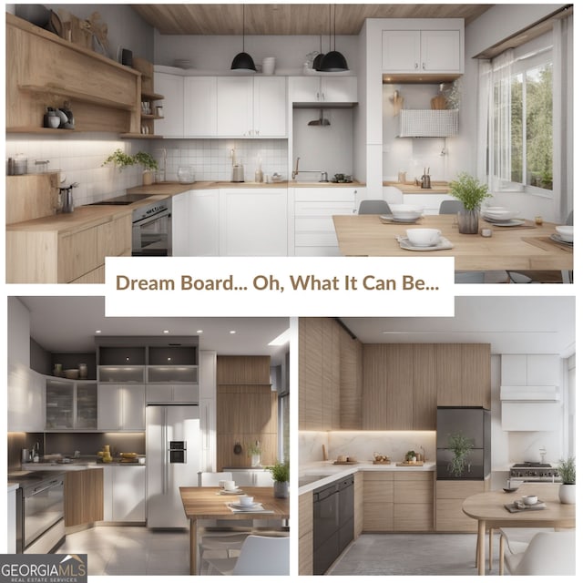 kitchen featuring butcher block counters, white cabinetry, backsplash, and appliances with stainless steel finishes