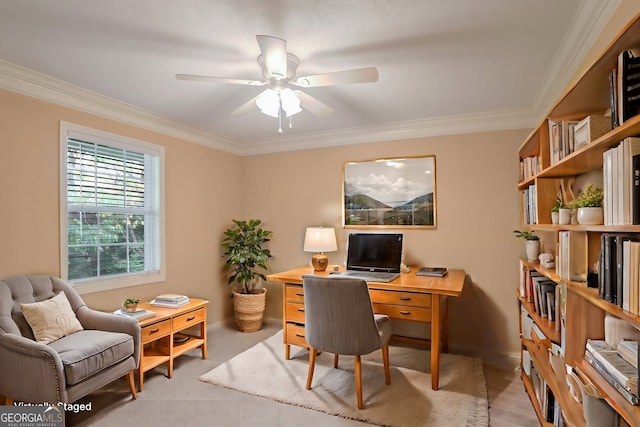 office featuring ceiling fan and ornamental molding