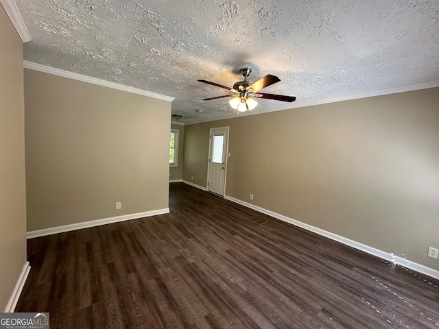 unfurnished room featuring crown molding, ceiling fan, a textured ceiling, and dark hardwood / wood-style flooring