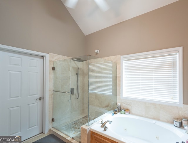 bathroom featuring tile patterned flooring, separate shower and tub, ceiling fan, and lofted ceiling