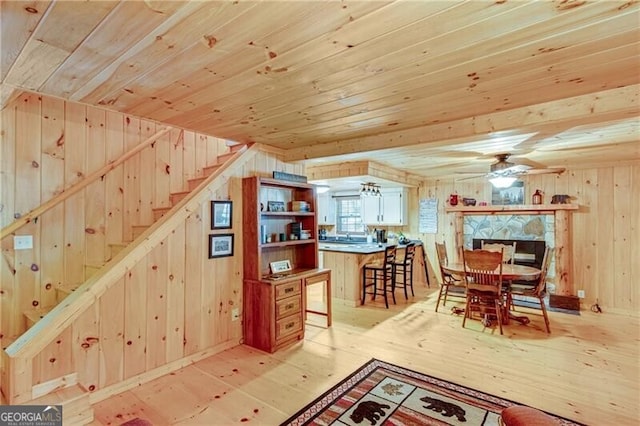 interior space featuring light hardwood / wood-style flooring, ceiling fan, wooden ceiling, and wood walls