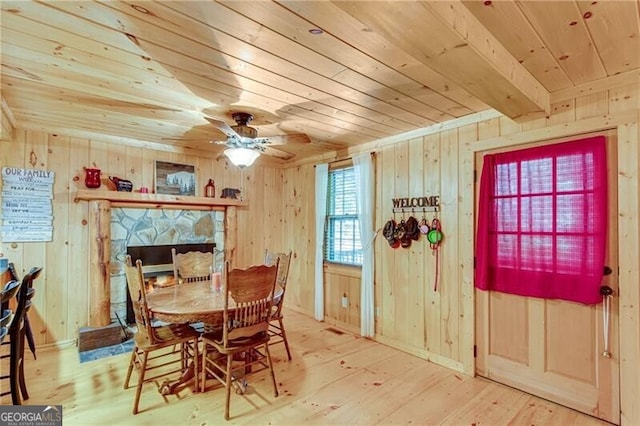 dining space featuring wooden ceiling, wood-type flooring, wood walls, beamed ceiling, and a stone fireplace