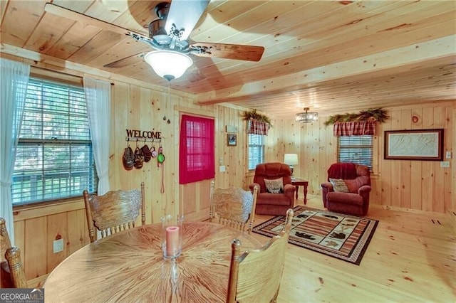 dining area with light hardwood / wood-style floors, wood ceiling, and wood walls