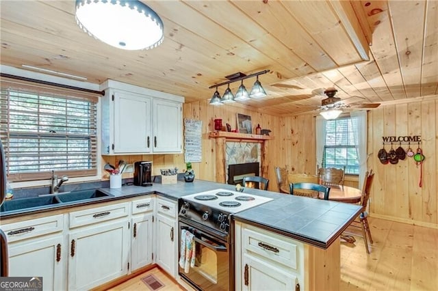 kitchen with a wealth of natural light, wooden walls, black / electric stove, and kitchen peninsula