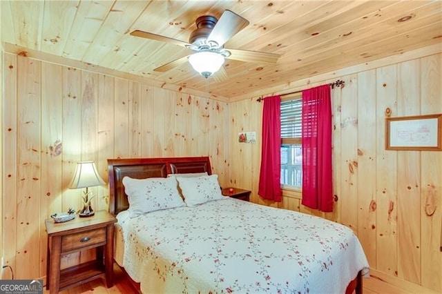 bedroom featuring ceiling fan, wood walls, wood-type flooring, and wood ceiling