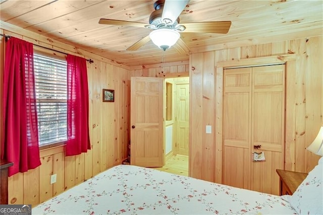 bedroom featuring wood ceiling, ceiling fan, and wood walls