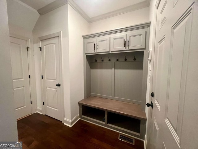 mudroom featuring ornamental molding and dark hardwood / wood-style floors