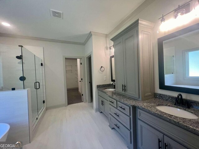 bathroom featuring a shower with door, crown molding, and vanity