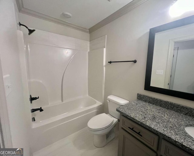 full bathroom with vanity, crown molding, shower / bathing tub combination, and toilet