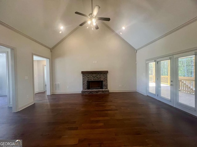 unfurnished living room featuring ceiling fan, a brick fireplace, high vaulted ceiling, and dark hardwood / wood-style flooring