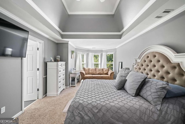 carpeted bedroom with ornamental molding and a towering ceiling