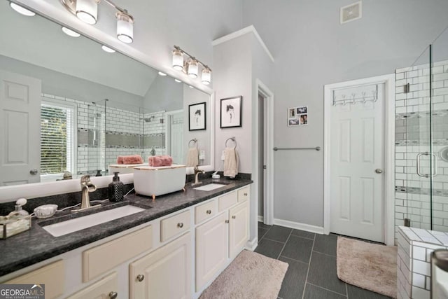 bathroom with vanity, lofted ceiling, and an enclosed shower