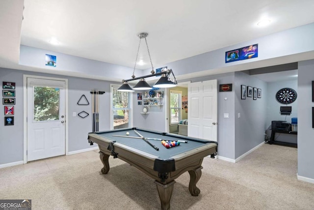 rec room with billiards and light colored carpet