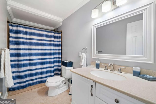 bathroom with tile patterned floors, toilet, a shower with curtain, ornamental molding, and vanity