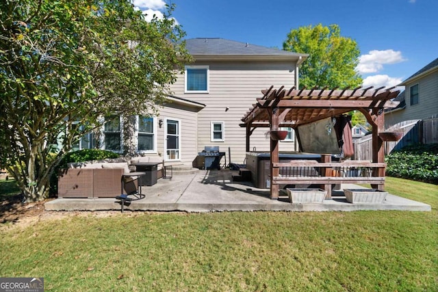 back of house with a patio area, a pergola, a lawn, and an outdoor hangout area