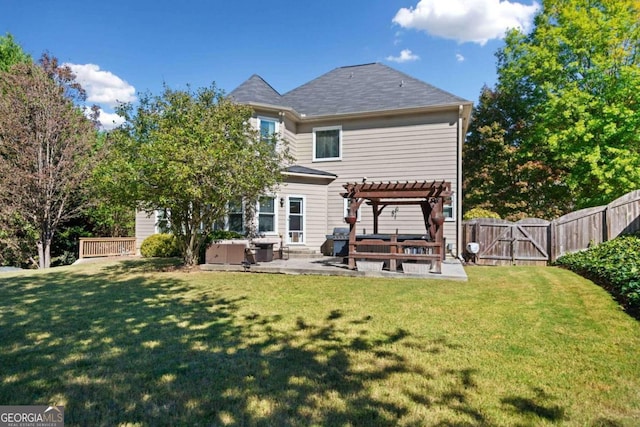 back of property featuring a pergola, a patio, and a lawn