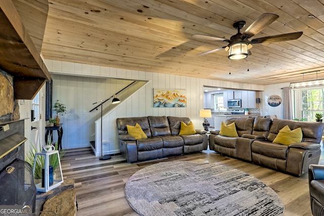 living room with wood ceiling, hardwood / wood-style floors, wooden walls, and ceiling fan