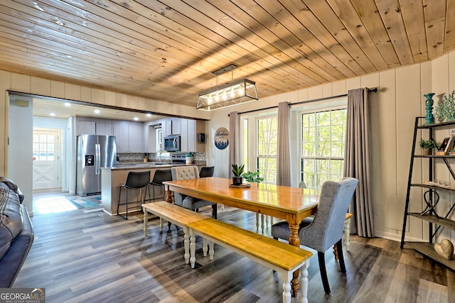 dining space featuring wooden ceiling, a wealth of natural light, and hardwood / wood-style floors