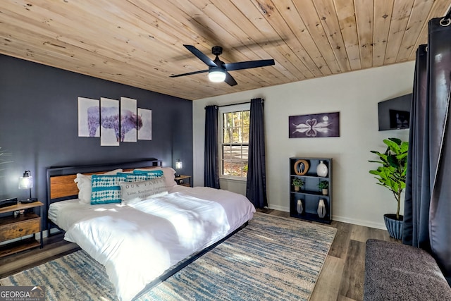 bedroom with hardwood / wood-style floors, wooden ceiling, and ceiling fan