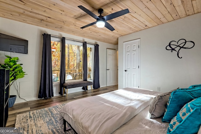 bedroom with hardwood / wood-style flooring, wooden ceiling, and ceiling fan