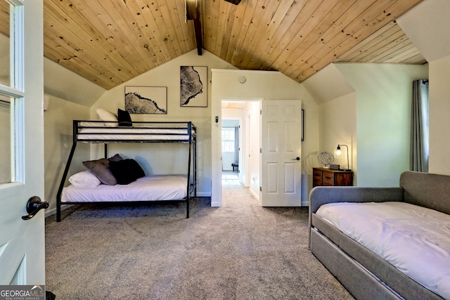 carpeted bedroom featuring wood ceiling and lofted ceiling with beams