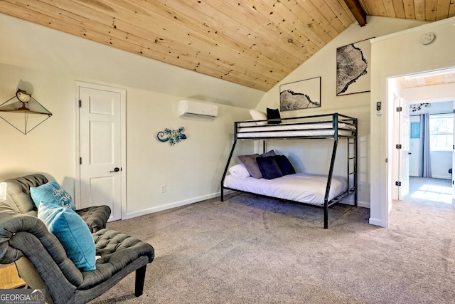 bedroom with wood ceiling, lofted ceiling with beams, carpet, and a wall unit AC